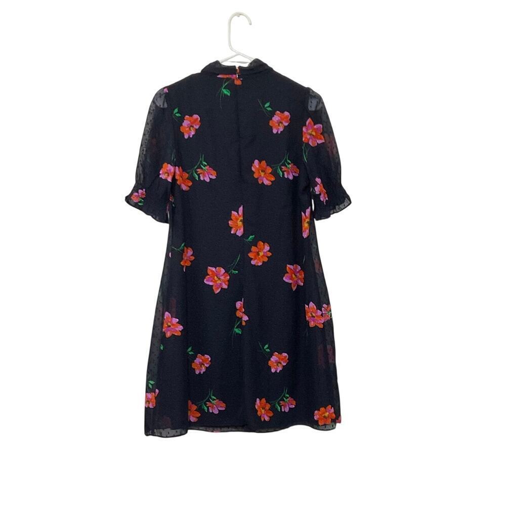 DKNY Navy Blue Floral Dress Chiffon Tie Neck 6 Small Swiss Dot Gathered Sleeves - Picture 2 of 9